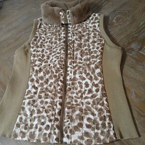 Ruby Road Lady Vest  Leopard Print Knit Side Panels Faux Fur Collar SzM Full Zip